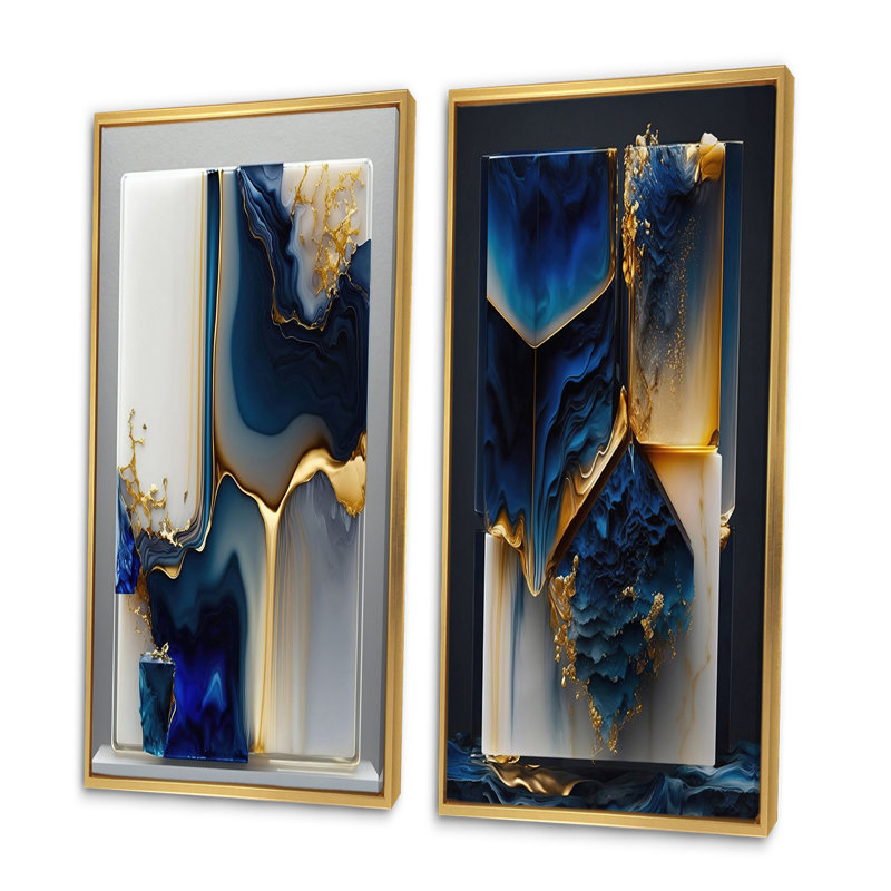 Ensemble de 2 toiles d'art en forme de géode abstraite dorée et bleue, Impression encadrée, Gold, H 32 po x l 32 po
