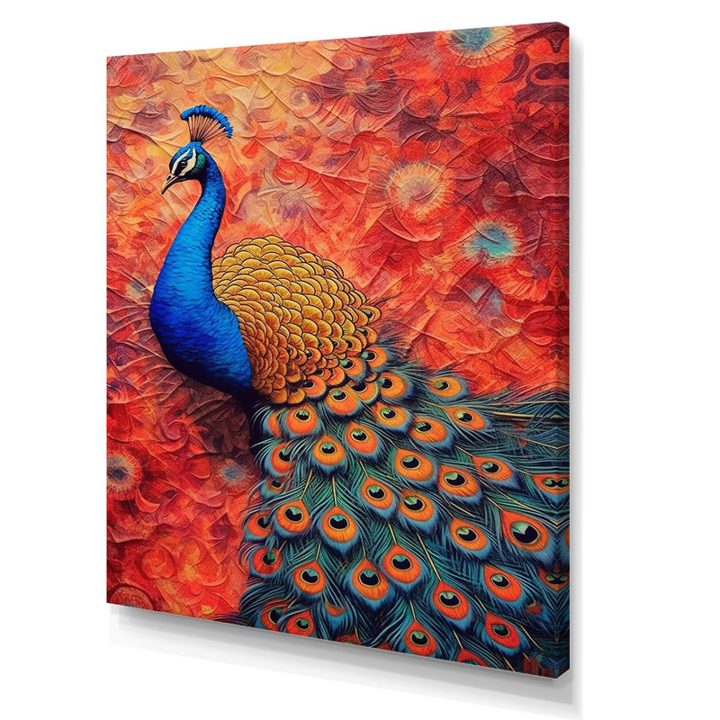 Bleu japonais royal floral paon V - paon, art mural animal, Toile tendue, H 20 po x l 12 po x P 1 po