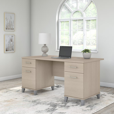 Kaionna 60” Office Desk with Drawers, Computer Office Desk with Storage, Modern Wood, Sand Oak