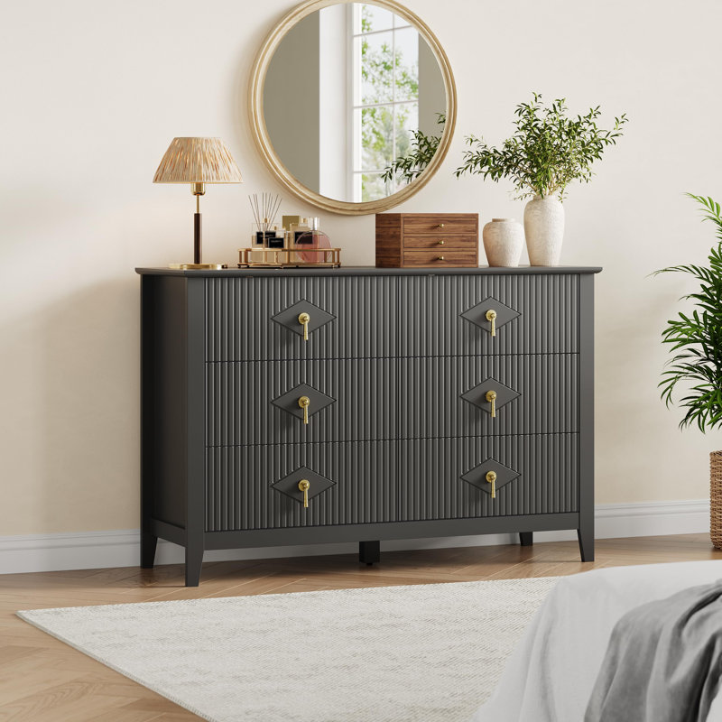Commode pour chambre à coucher avec 6 tiroirs, commode moderne de 48 po avec poignée en métal, meuble télé, Noir