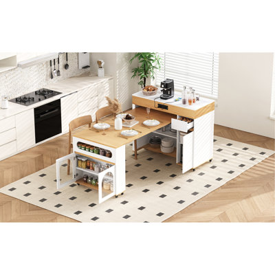 Table de salle à manger extensible avec plateau pliable extra-long, îlot de cuisine roulant avec tiroirs, prise de courant et verrou de frein, armoire de rangement pour la cuisine et la salle à manger (naturel et blanc crème)