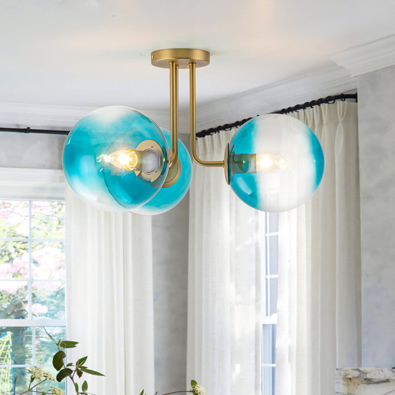 Plafonnier semi-encastré moderne Spoutnik 22 lumières 3 lumières Kaynen, Doré, Verre martelé