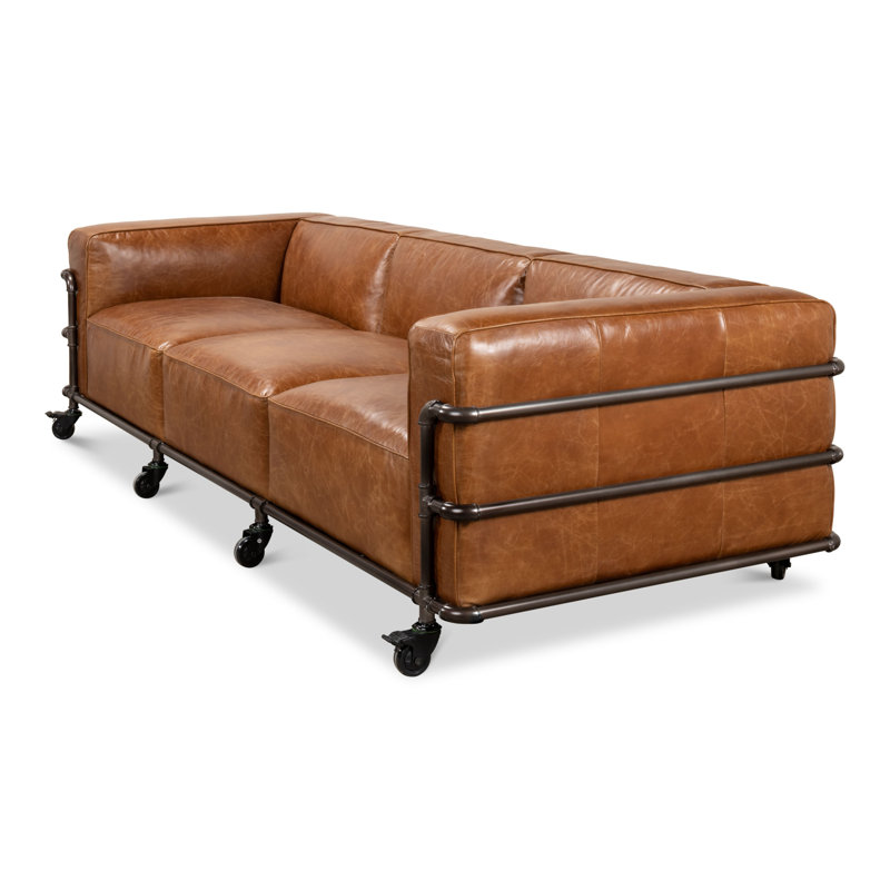 Industrial Brown Leather Sofa with Metal Frame and Casters