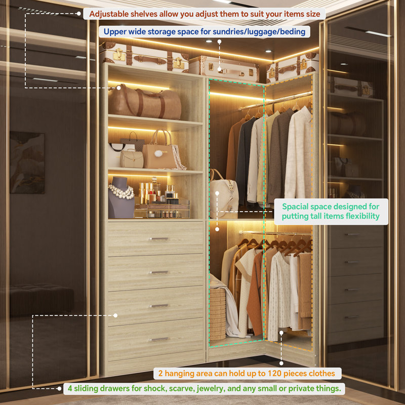 Closet System with Drawers and Hanging Rods, Washed Oak