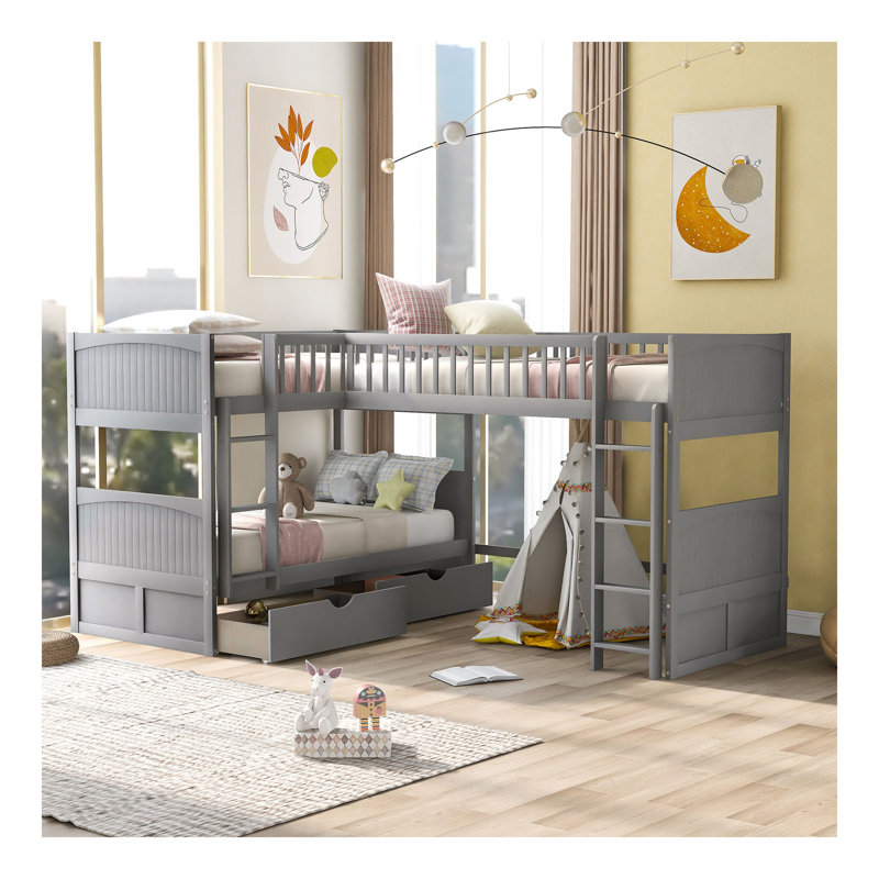 Lit simple superposé avec lit mezzanine attaché, avec deux tiroirs, gris, Gris