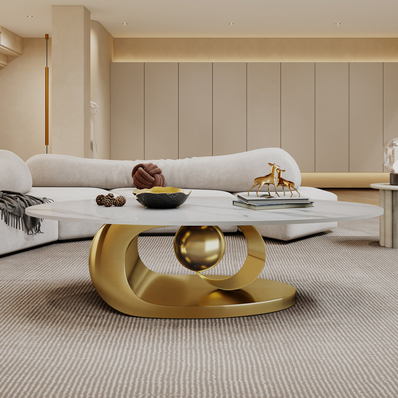 Table basse en marbre avec base sculpturale en acier inoxydable, Doré