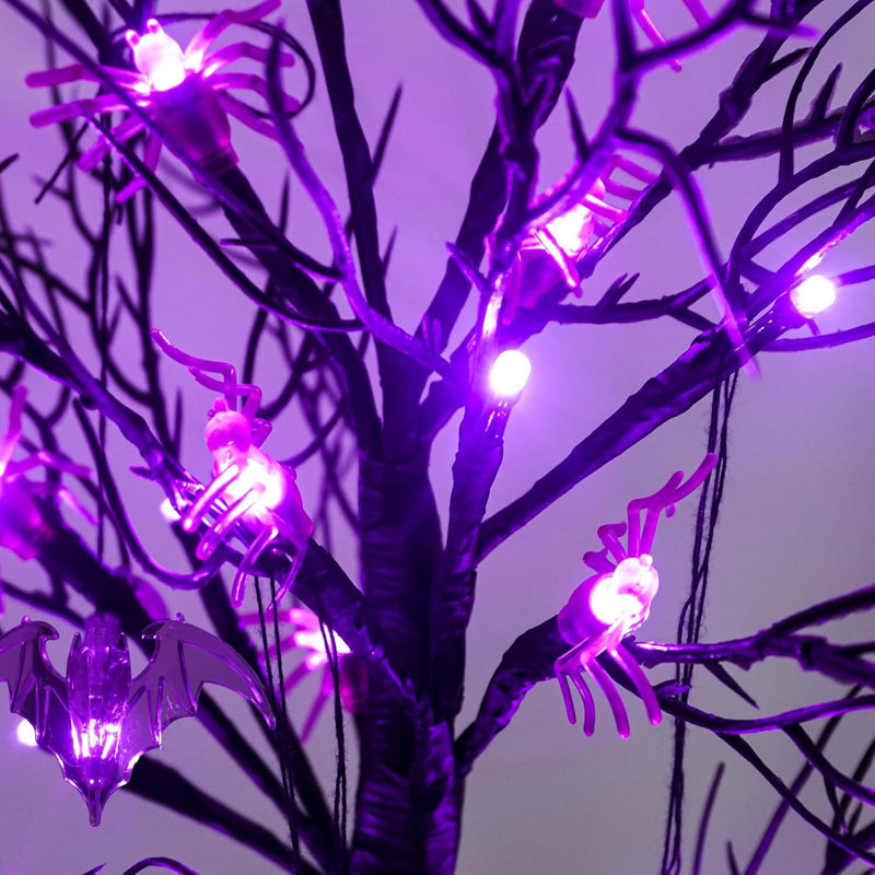 Ensemble de 2 décorations d'arbre d'Halloween noir de 24 pouces avec minuterie, arbre de brindilles avec 24 lumières mauves, 12 araignées et 6 chauves-souris, décorations d'Halloween artificielles pour la maison
