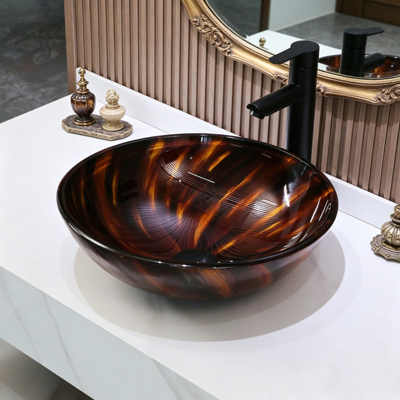 16.5" Round Tempered Glass Vessel Bathroom Sink with Black Drain