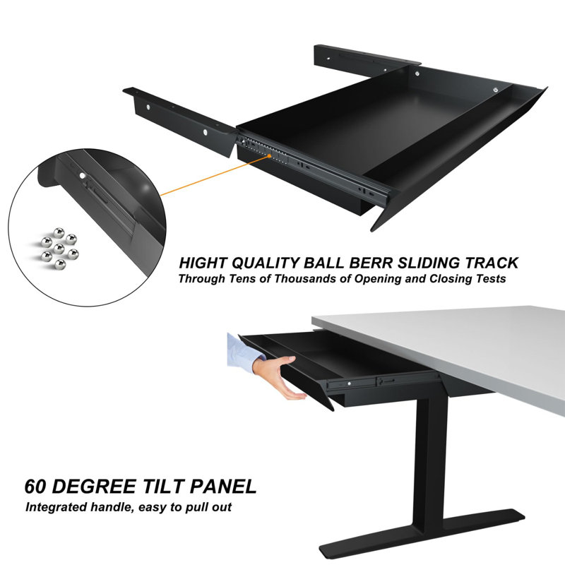 Large Under Desk Mounted Sliding Drawer With Pencil Tray And 60 Degree Tilt Panel To Pull Out, 22'' Long & 13'' Deep Large Storage Organizer For Sit Stand Workstation