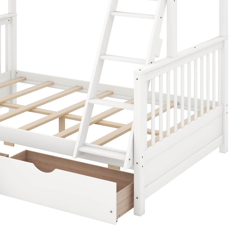 Lit simple superposé au dessus d'un lit double avec échelles et tiroirs, Blanc