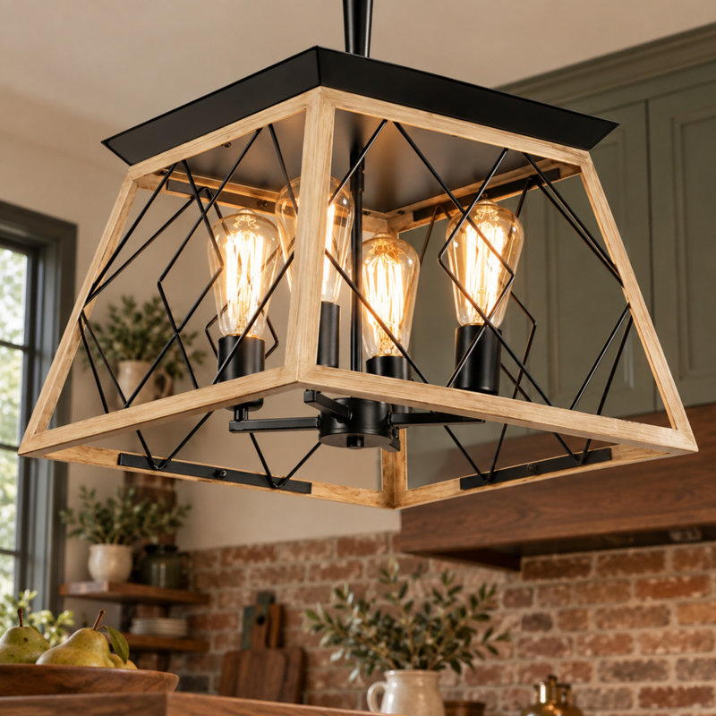 4-Light Pendant Chandelier, Oak