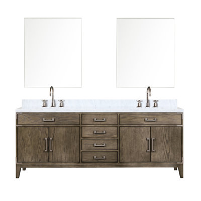 84 po Meuble-lavabo double large en chêne gris avec surface en marbre, robinet et 36 miroirs, protection à long terme en largeur avec comptoir, traitement durable