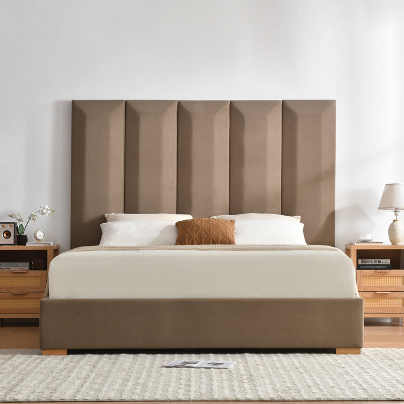 Grande tête de lit tapissier avec 2 tiroirs de rangement en bois Coletti, Très grand lit, Taupe
