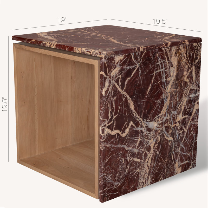 Authentic Italian Marble with Natural Oak Wood Occasional Table / Night Stand, Red, Tan