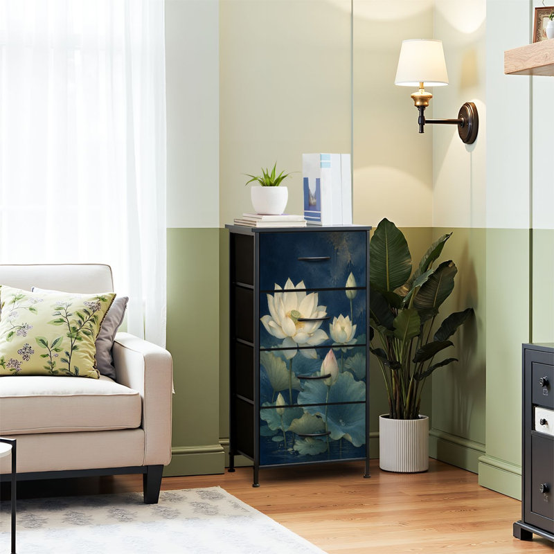 Commode 4 tiroirs pour chambre à coucher, commode étroite, plateau en bois et structure de bureau en fer 18 po x 37,5 po (lxH) - avec des feuilles de lotus élégantes aux tons bleus doux