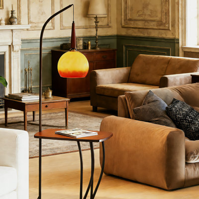 Lampe sur pied arquée vintage avec table d'appoint en bois massif