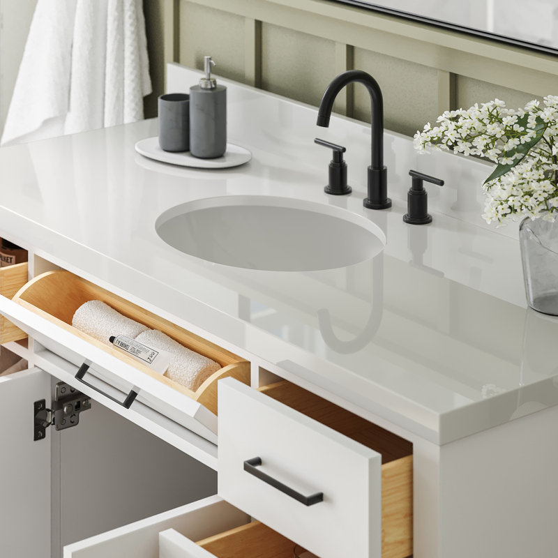 Meuble-lavabo simple en bois massif 54 po avec lavabo à quartz blanc 1,5 po Thornaby, Blanc / noir mat, Ovale