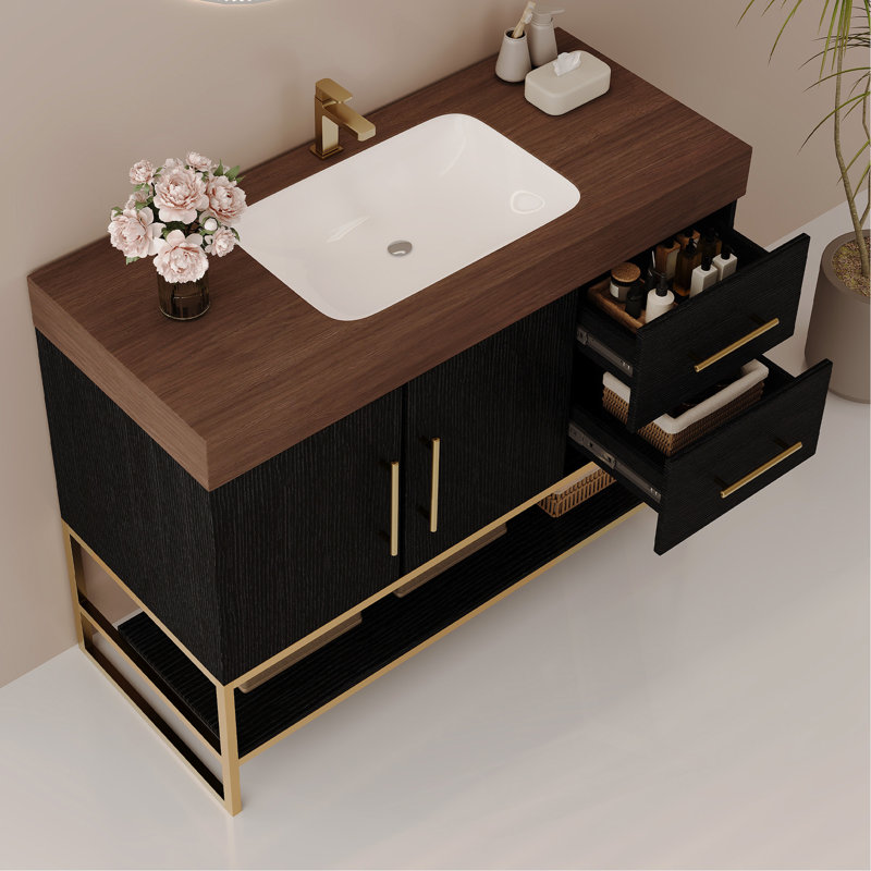Meuble-lavabo autoportant moderne 36 po avec lavabo en céramique sans couture et plateau en pierre frittée, Center, Black