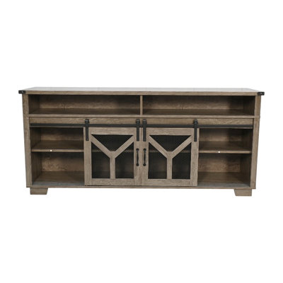 Meuble télé 65,3 po avec porte coulissante en maille de fer, bandes à DEL et décor en Y, finition grise, ton de grange traditionnel américain de 60 à 69 po, installation