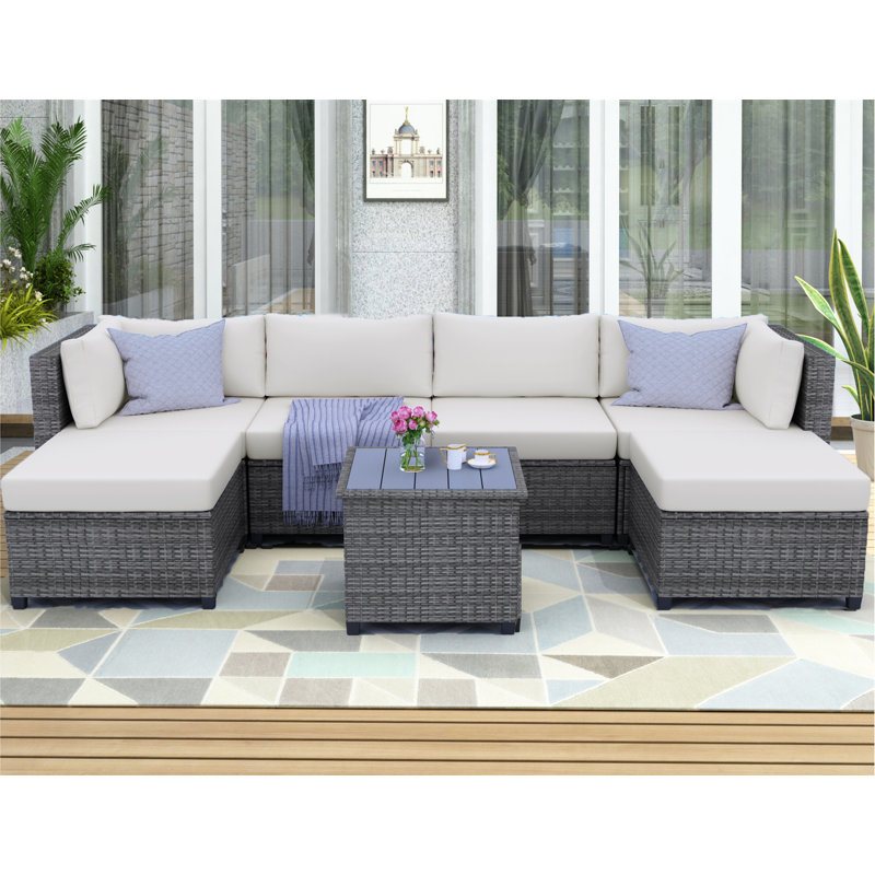 Ensemble de conversation modulaire en rotin avec coussins 8 pièces Hillcroft, Beige, Gris