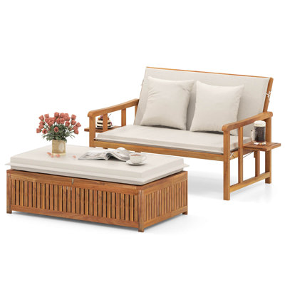 Outdoor Wooden Daybed With 4-level Backrest & Removable Cushions For Poolside