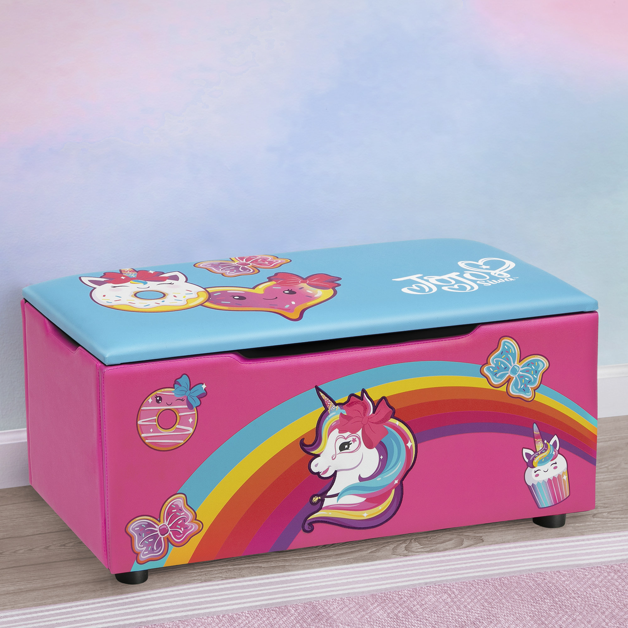Delta Children Rainbow Unicorn Upholstered Toy Box/Bench With Lid