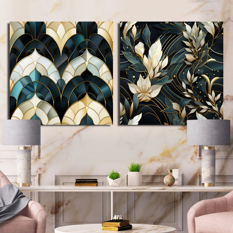 Ensemble de 2 carrés dorés Art Deco Glamour Bliss - Abstract Botanicals Square, Toile tendue, H 16 po x l 33 po