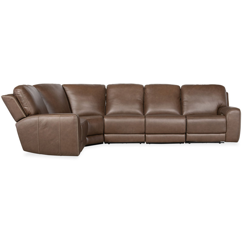Sorrento Mocha Leather Five-Piece Reclining Sectional with Nailhead Trim