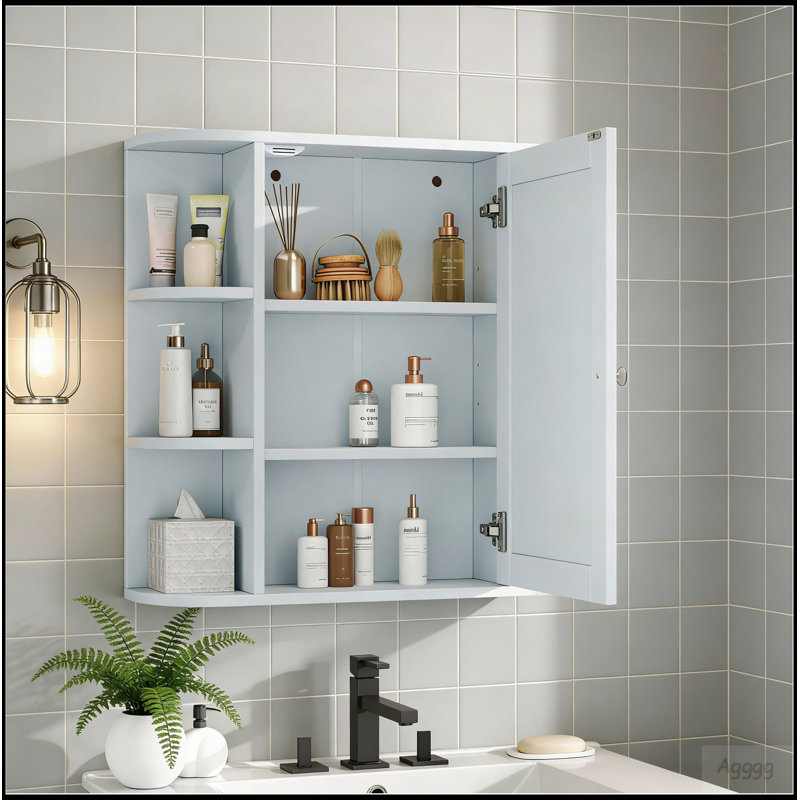 Bathroom Wall Storage Cabinet With Mirror, Medicine Cabinet With Adjustable Wood Shelf & Doors, Mounted Storage Cabinets With 6 Open Shelves, White