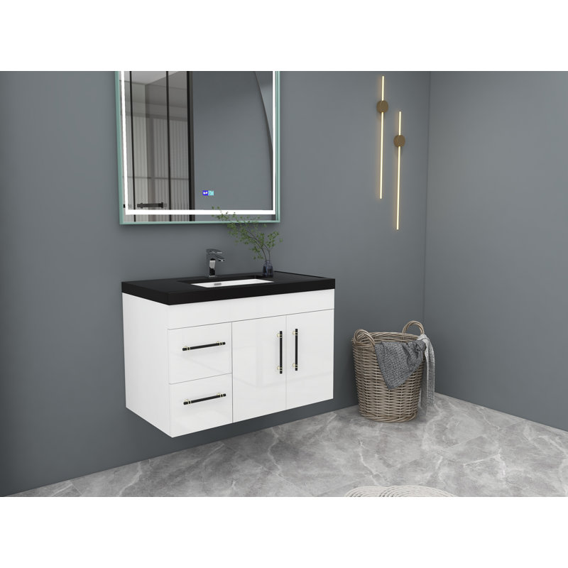 Ensemble de meuble-lavabo mural simple 36 po Camoren, Blanc ultrabrillant, Noir mat