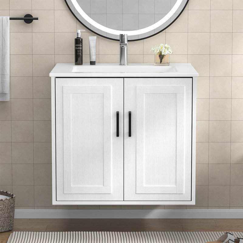Meuble-lavabo mural simple flottant élégant avec lavabo en céramique 24 po, Blanc