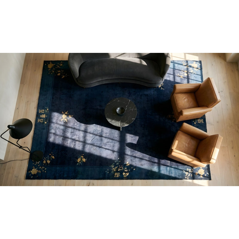 Antique Peking Chinese Allover Floral Blue Navy 1920s Rug