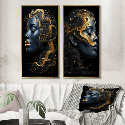 Portrait de femme céleste dorée et noire IV - femme, ensemble de 2 reproductions d'art mural