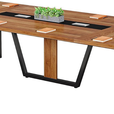 94.5" Large Conference Table For 8-10 People, Modern Office Meeting Table With Cable Management, Heavy-Duty Metal Legs, Training & Boardroom Furniture, Brown Walnut Finish