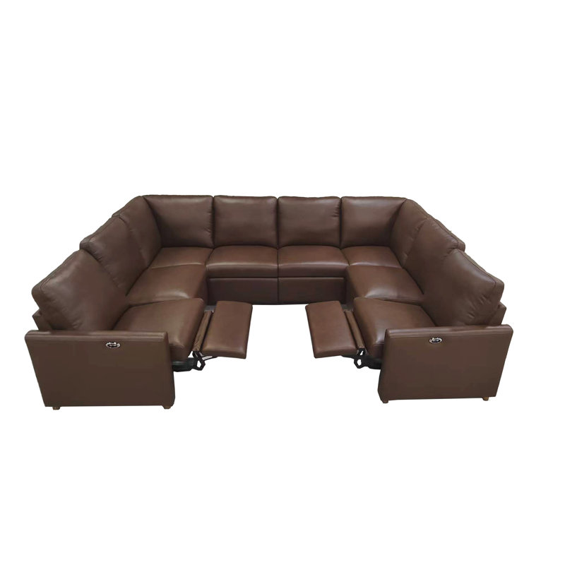 Premium Genuine Leather Match Power Reclining Sectional With Adjustable Footrests & Modern U-shaped Layout, Dark Brown