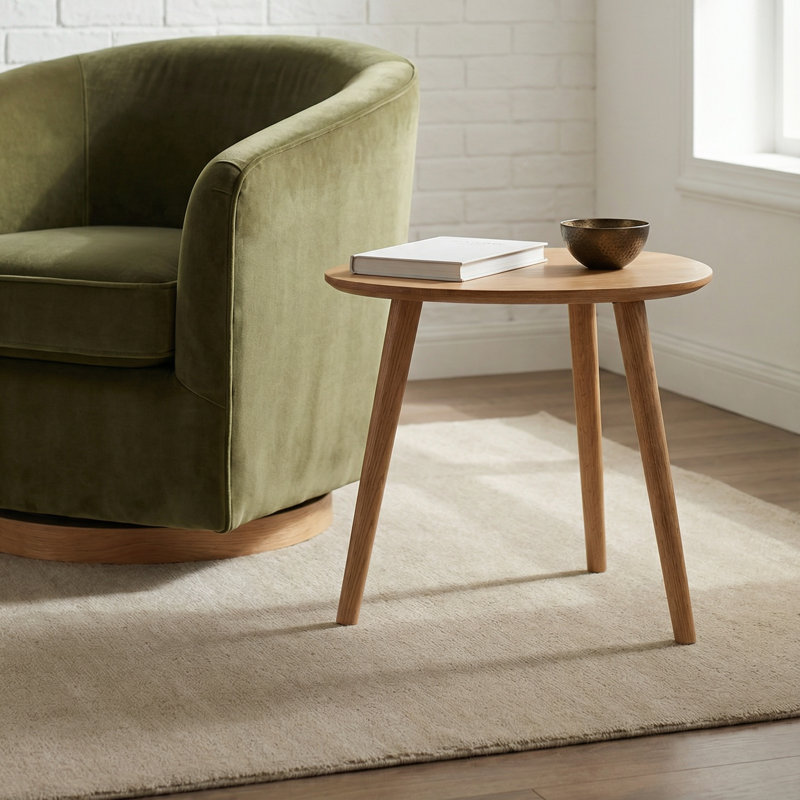 19"W Solid Oak  Mid-Century Modern Oval Side Table, Oak, 17.7" H x 19.68" W x 19.68" D