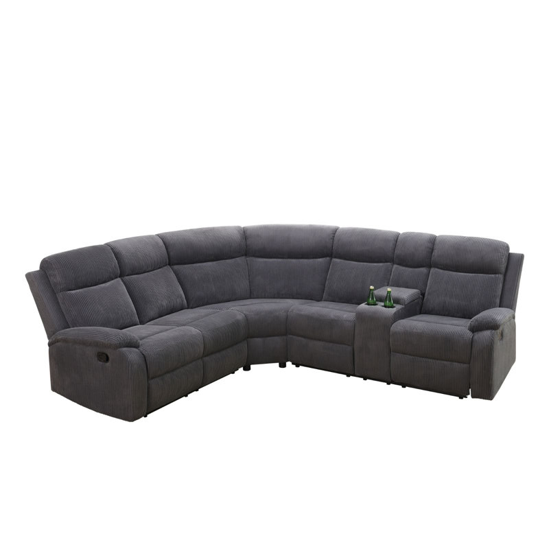 Canapé modulaire inclinable en tissu rayé gris foncé 3 pièces avec causeuse gauche, coin d'angle, causeuse droite et porte-gobelets