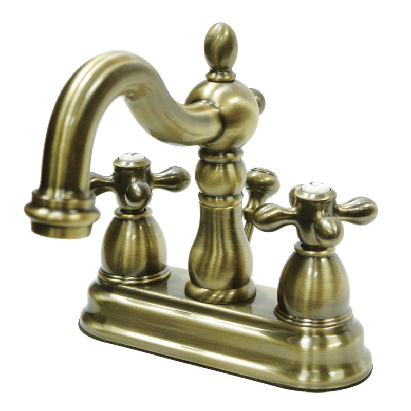 Kingston Brass Heritage Two-Handle 3-Hole Deck Mount 4" Centerset Bathroom Faucet with Plastic Pop-Up, Vintage Brass