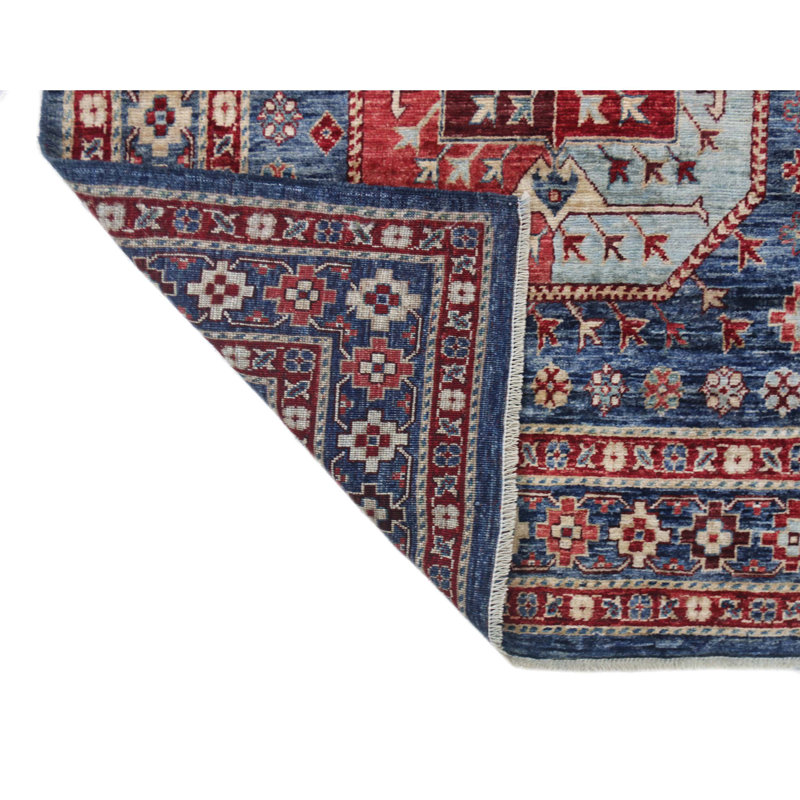 Tapis unique bleu, rouge et beige de 9 pi 9 po x 13 pi 5 po
