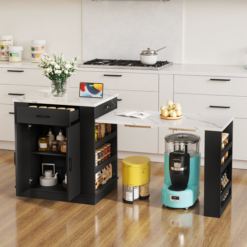 Îlot de cuisine extensible avec rangement - comptoir extensible, 2 armoires et tablettes - noir, Noir