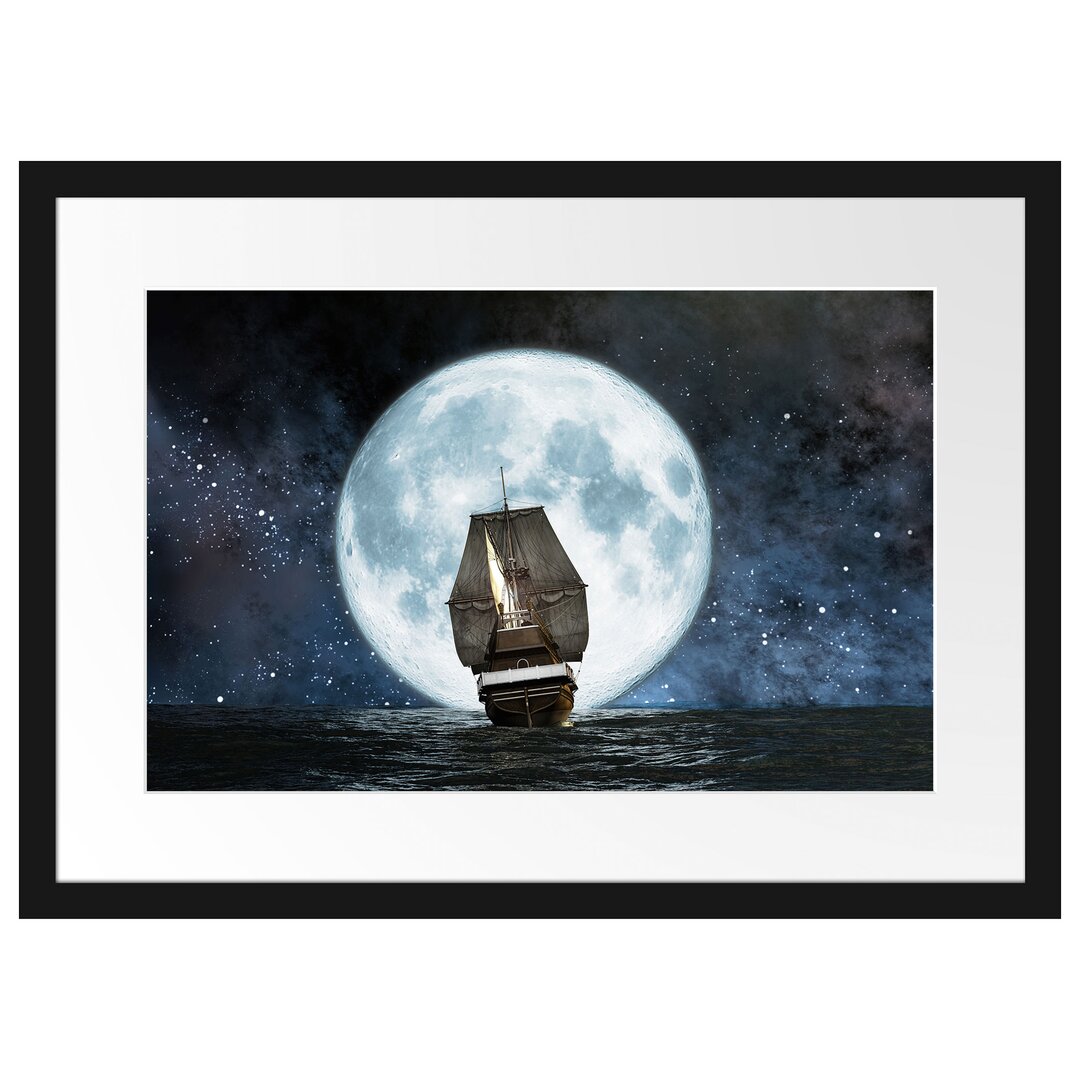 Gerahmtes Papierbild Segelschiff bei Vollmond