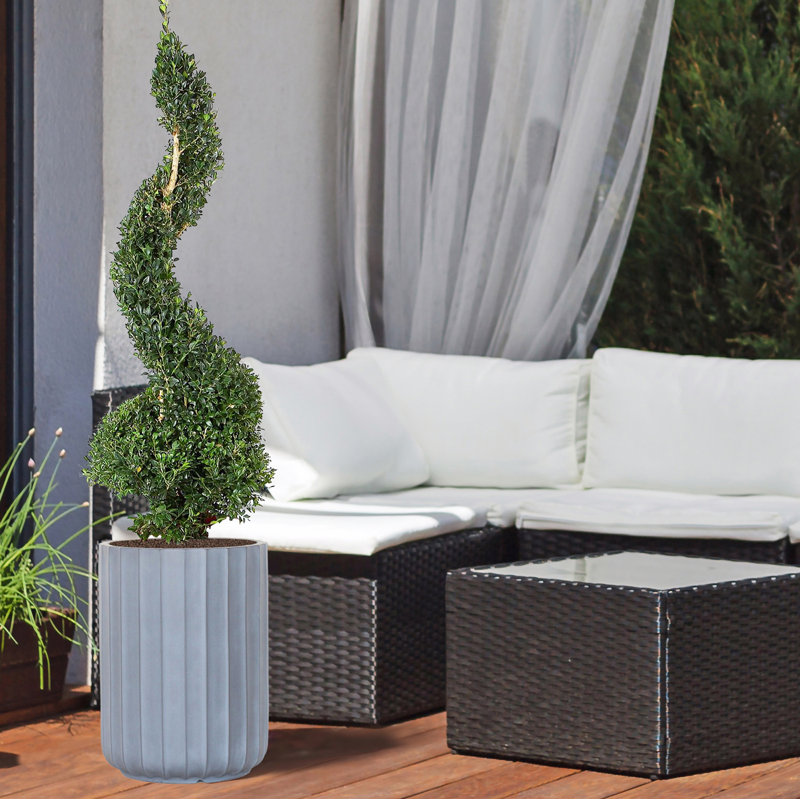 Concrete Effect Frostproof Outdoor Plant Pot, Garden Flower Pot, Cylinder Round Garden Planter with Drainage Holes, Outdoor Planter with Ribbed Pattern