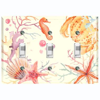 Metal Light Switch Plate Outlet Cover (Sea Horse Crab Star Fish Coral Pink-  Triple Rocker)