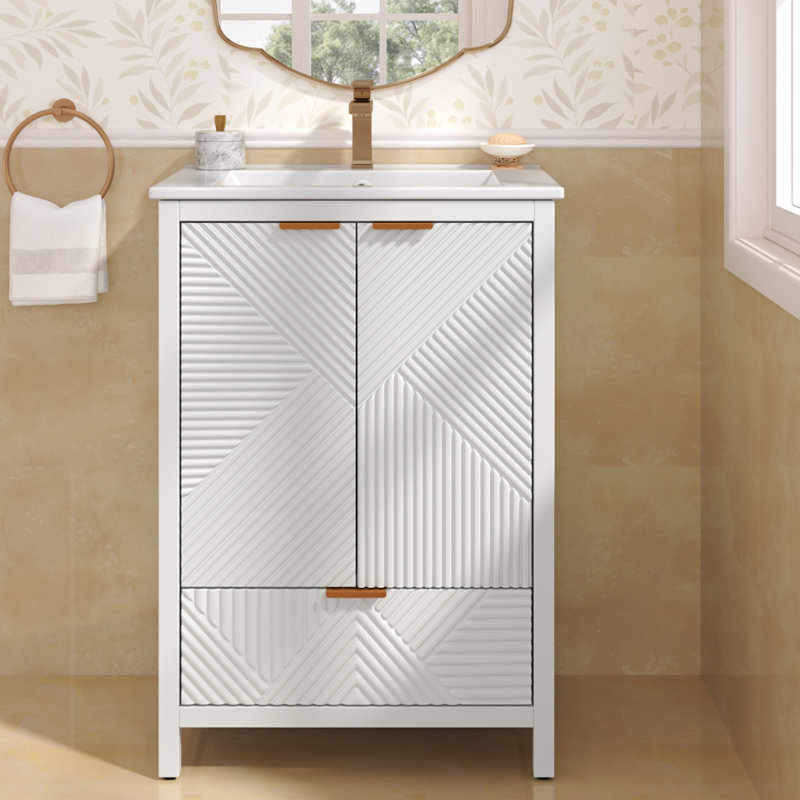 Meuble-lavabo de salle de bain avec lavabo en céramique, portes d'armoire texturées, charnières à fermeture en douceur, grand espace de rangement