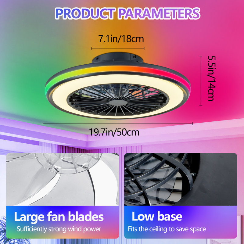 20" Metal RGB Ceiling Fan Light, Stepless Dimmable 3000K-6000K CCT & 6 Wind Speeds With Remote, Reversible Motor For Living Room Bedroom Office