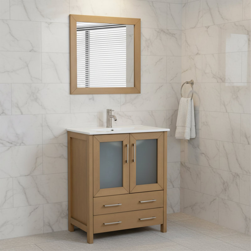  Ensemble de meuble-lavabo simple 30 "avec miroir, Chêne naturel