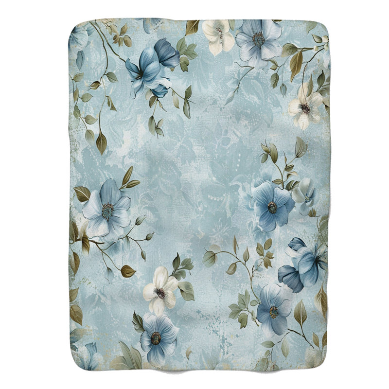 Motif floral délavé bleu - couverture sherpa de qualité supérieure 1 pièce, Grand lit