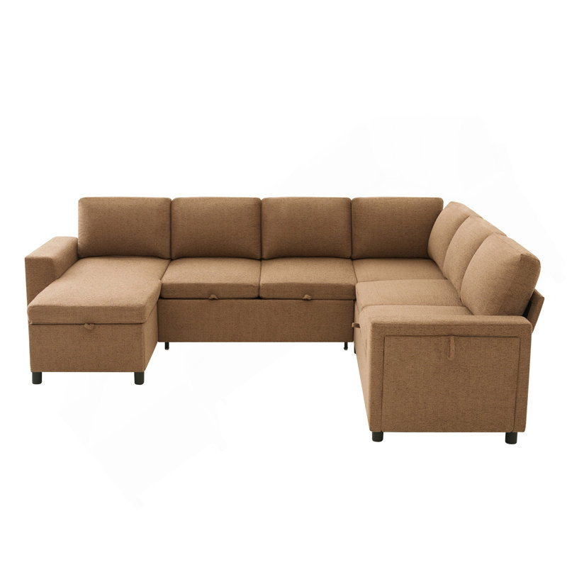 Canapé-lit modulaire en U convertible avec rangement, chargeur USB et porte-gobelets, canapé-lit en chenille rembourré pour le salon, brun