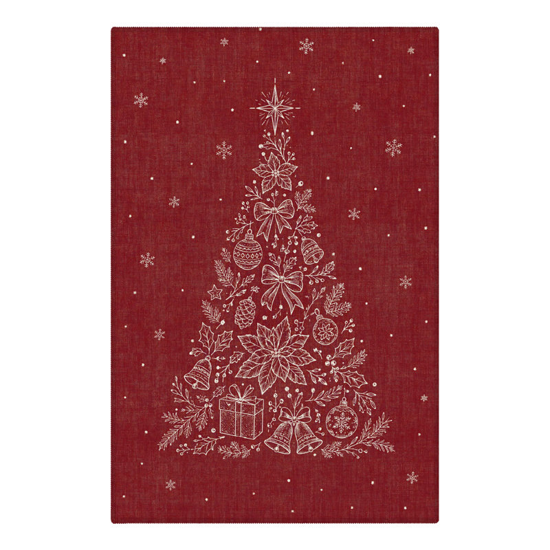 Tapis de salon lavable à poils ras, motif floral rouge et blanc, orné d'un poinsettia et d'un sapin de Noël