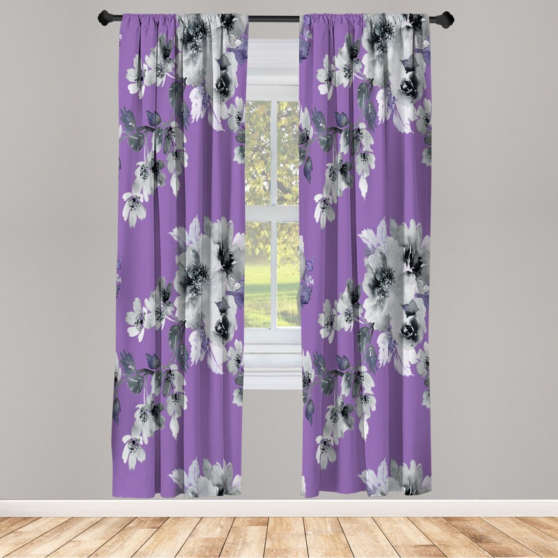 Microfiber Floral Semi-Sheer Rod Pocket Curtain Panels, 28" W x 84" L, Taro Purple